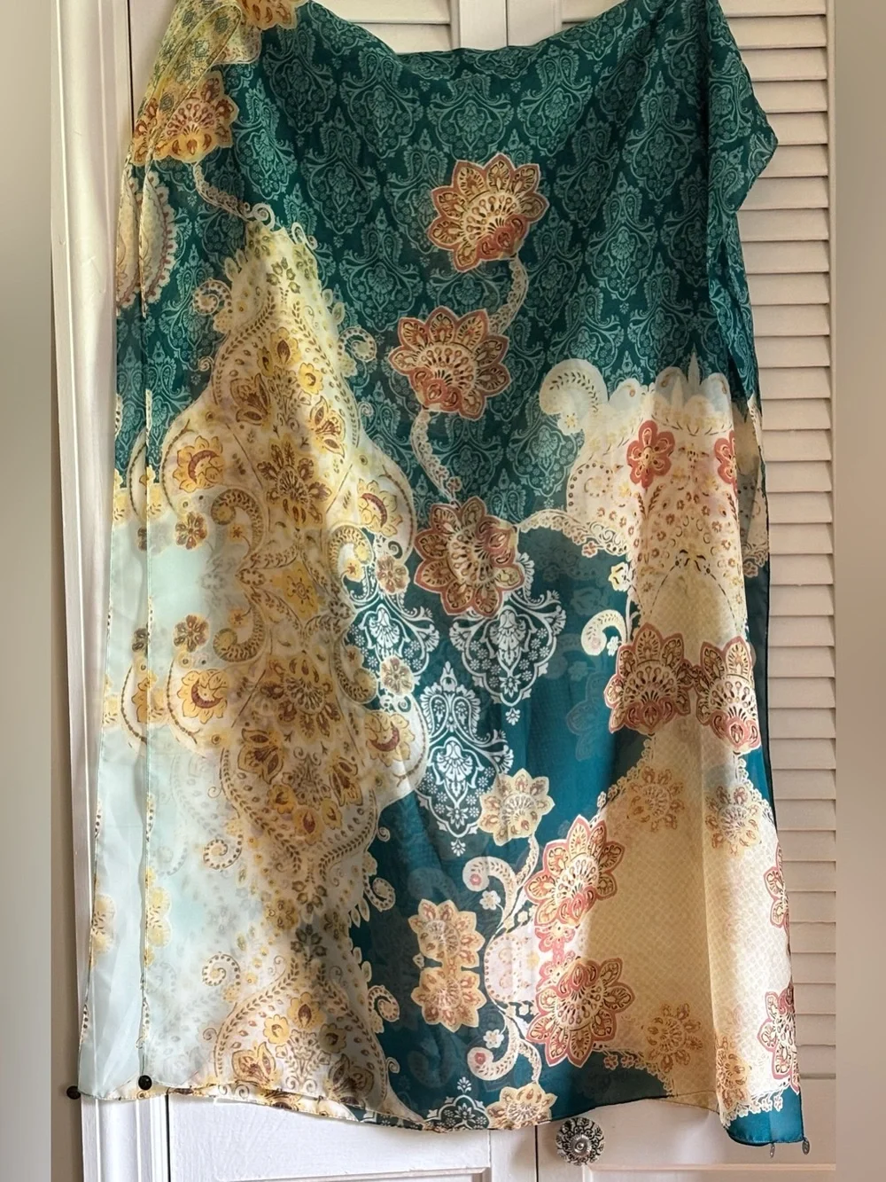 CHICOS lightweight PRINT SCARF coin details TEAL IVORY floral
